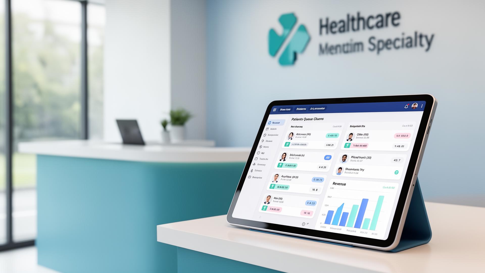 Multi-specialty clinic reception with a tablet showing SmartClinic India dashboard