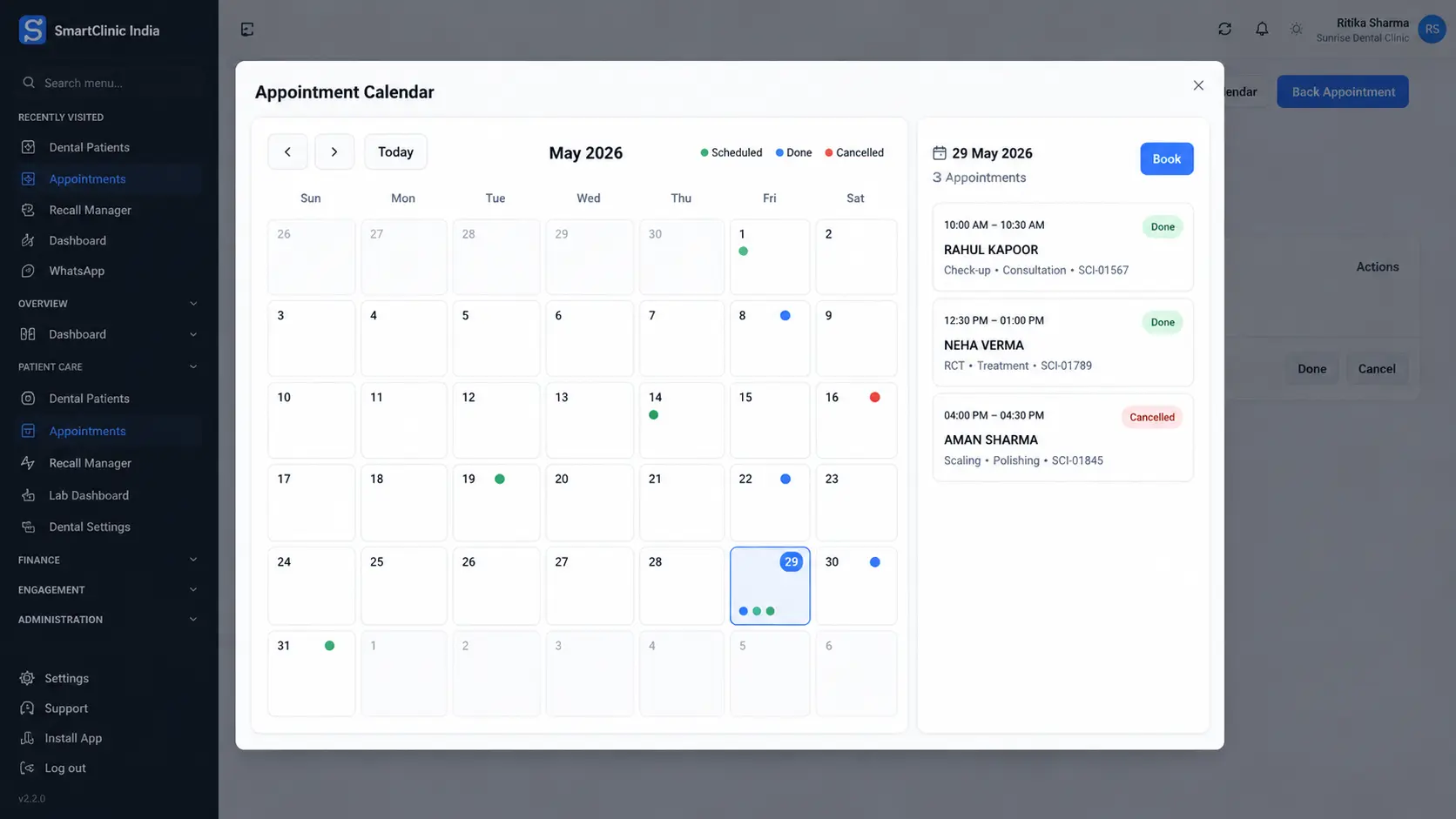 Dental appointment calendar software for India with month view, scheduled, done and cancelled appointments and one-click booking