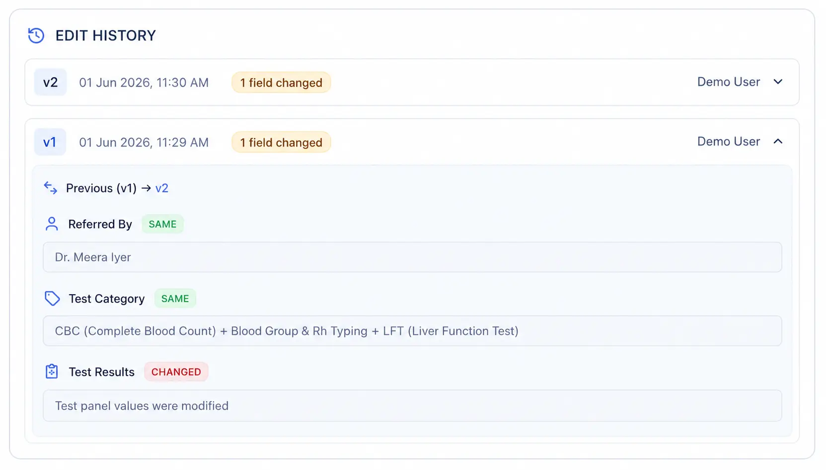 Pathology report edit history with version v1 and v2 showing referred by, test category and test results changes with timestamp and editor name