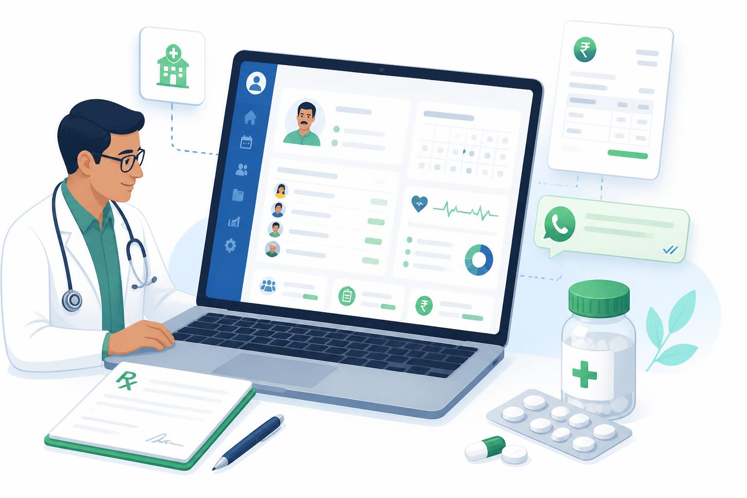 Indian doctor reviewing patient records on a clinic management software dashboard with prescription pad, pharmacy bottle, GST invoice and WhatsApp message