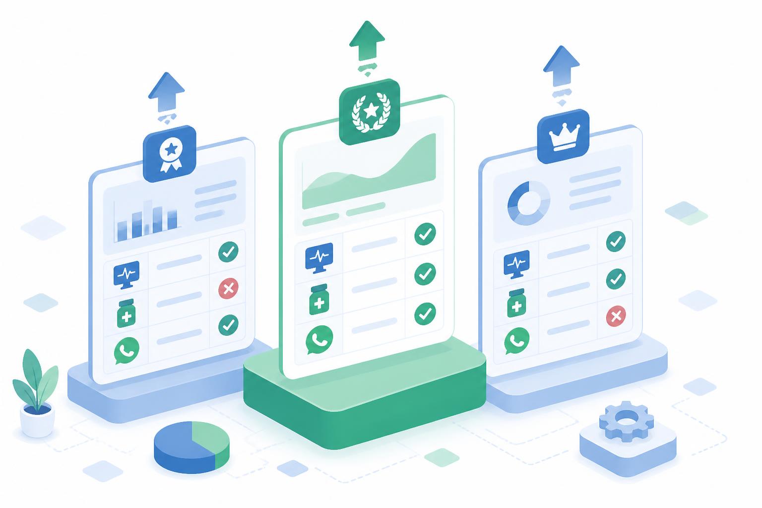 Comparison illustration showing three clinic software dashboards ranked side by side with EMR, pharmacy and WhatsApp feature checkmarks