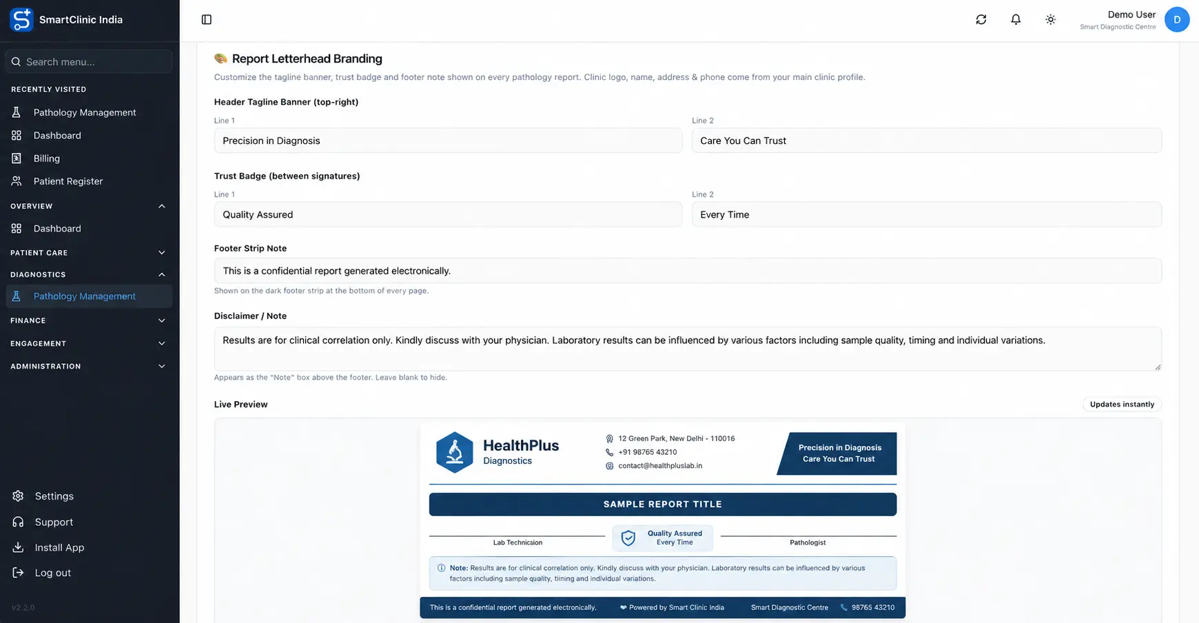 Pathology report letterhead branding settings with header tagline banner, trust badge between signatures, footer strip note and live A4 preview