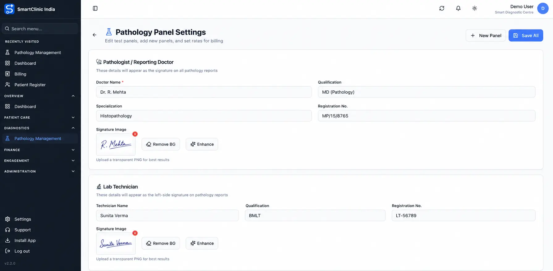 Pathology panel settings for pathologist reporting doctor name, qualification, registration number and signature image with AI background remove and enhance