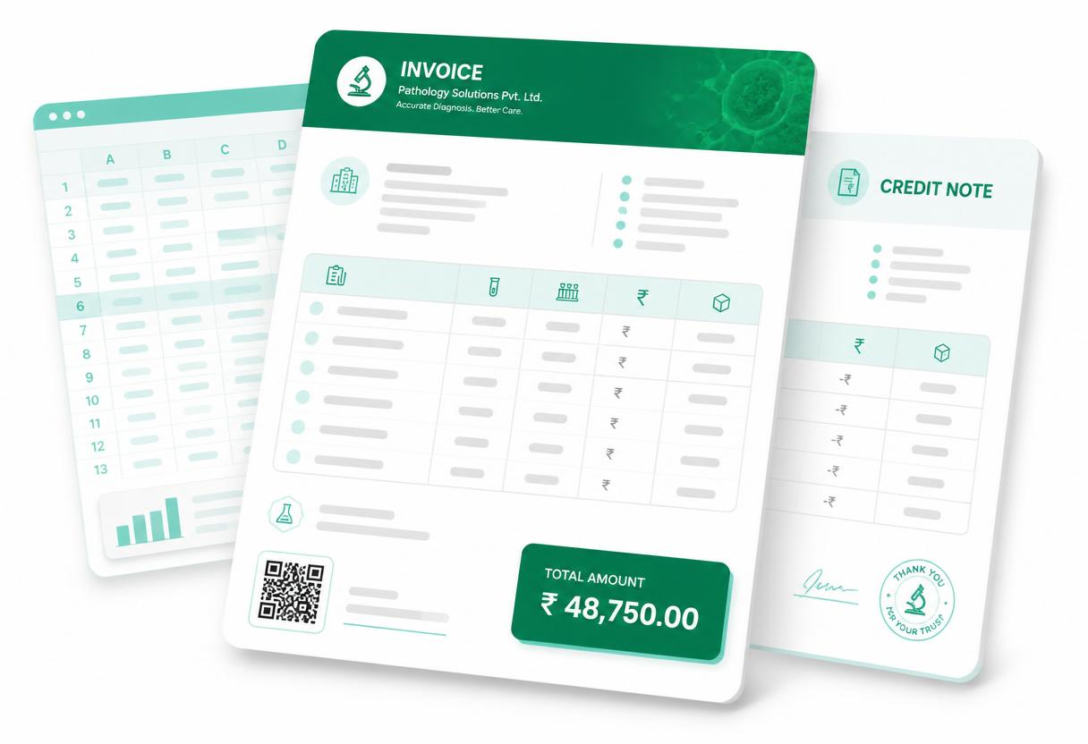 Pathology B2B invoice mockup with a green header, itemised rows, rupee total block, QR verification stamp, and a credit-note document alongside