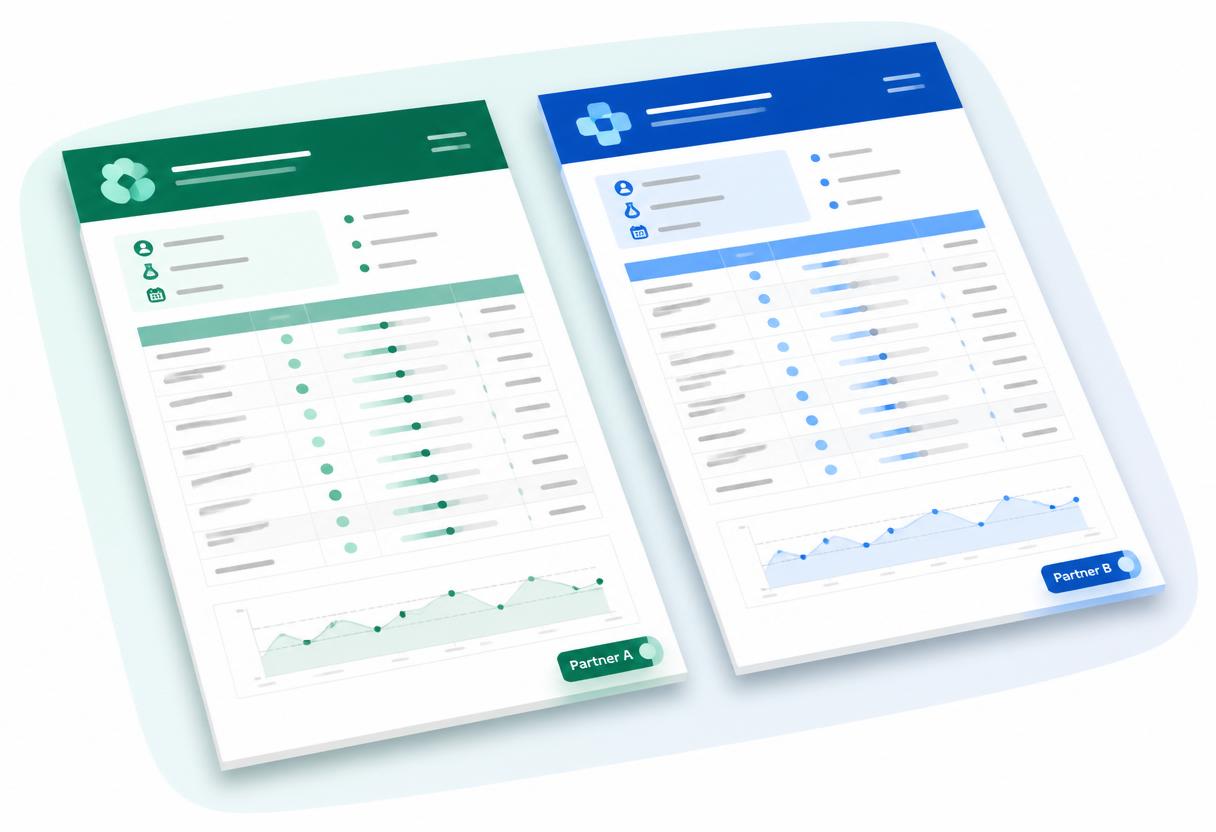 Two pathology reports side by side, each printed on a different partner's branded letterhead — one with an emerald green header, the other with a blue header