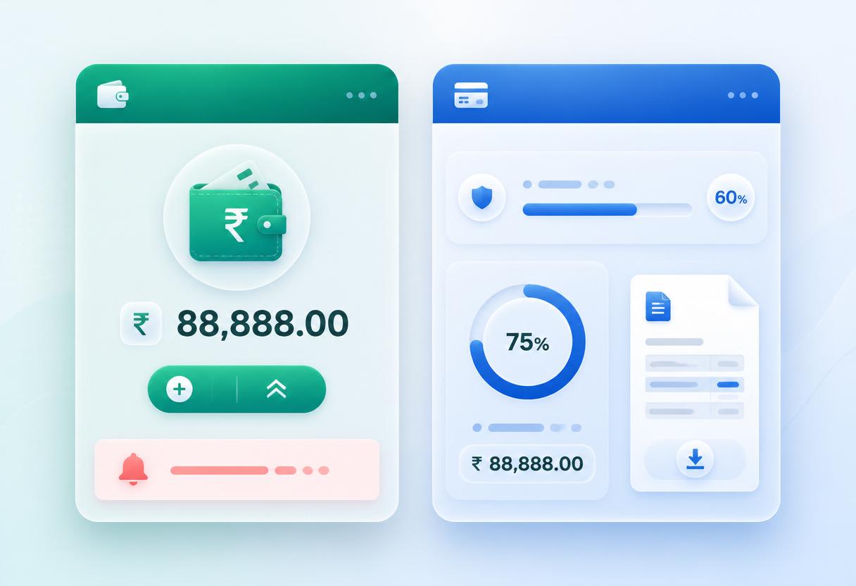 Two dashboard cards — prepaid wallet with rupee balance, top-up button, and low-balance alert; postpaid credit with credit-limit progress and due-amount ring chart
