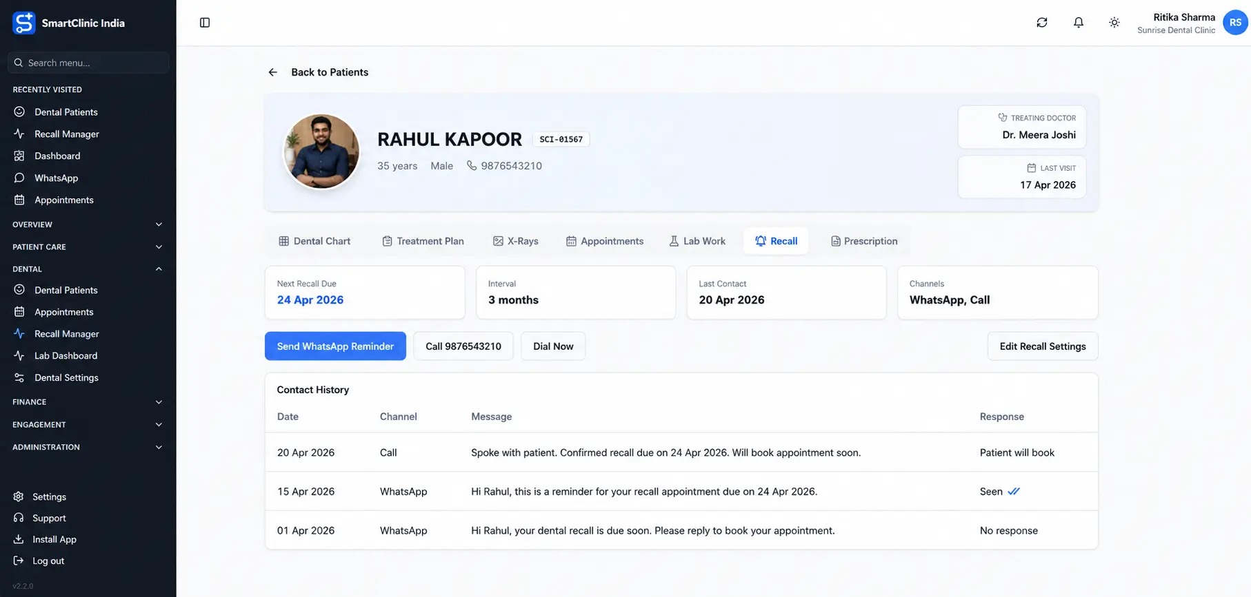Dental recall manager software sending WhatsApp reminders for scaling, follow-up and routine dental check-ups in India