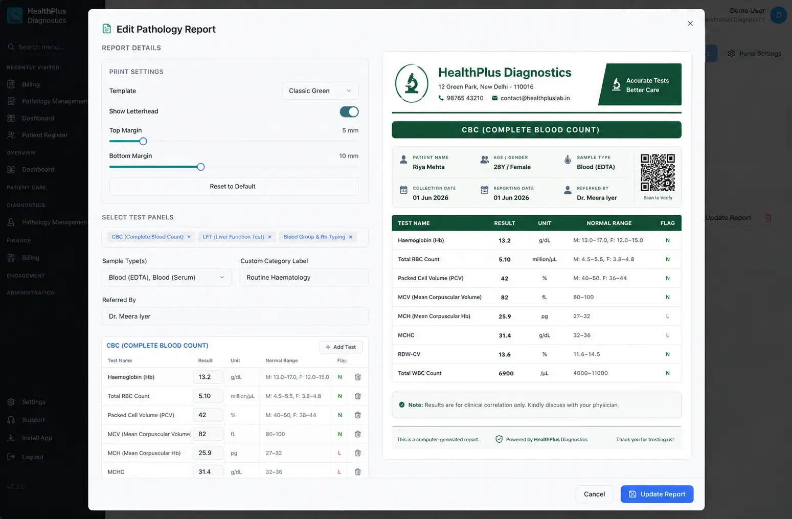 Edit pathology report with CBC, LFT and Blood Group test panels showing live letterhead preview and automatic Normal, High, Low flags