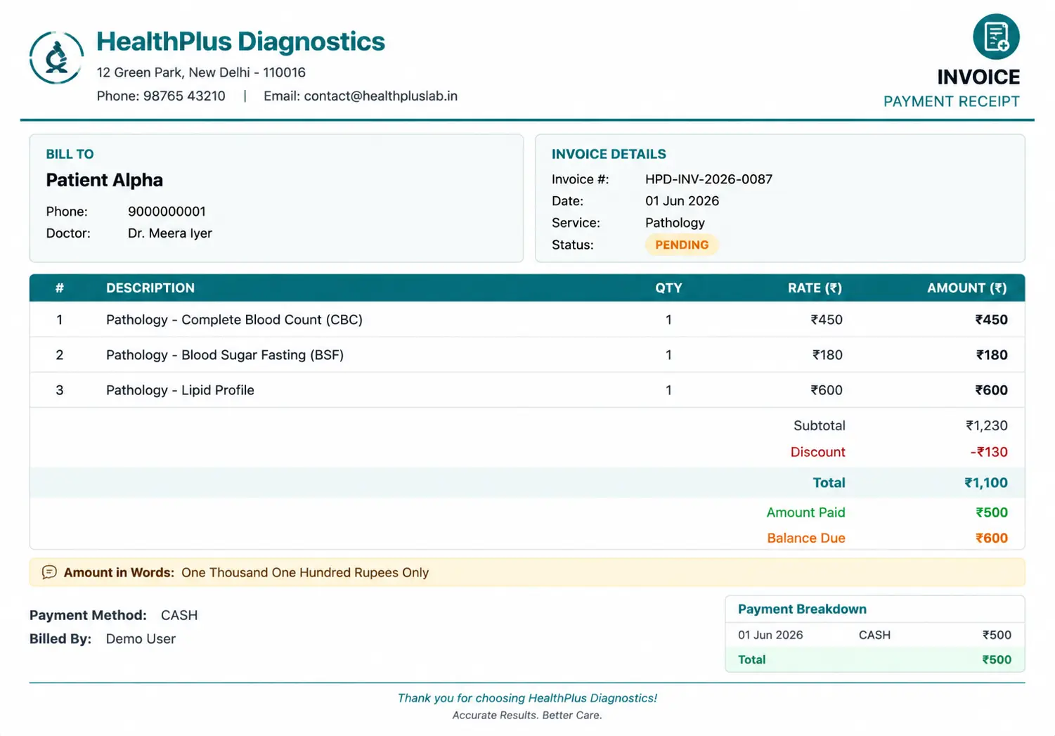 Branded pathology invoice with HealthPlus Diagnostics logo, line items for CBC, Blood Sugar Fasting and Lipid Profile, discount, amount paid and balance due