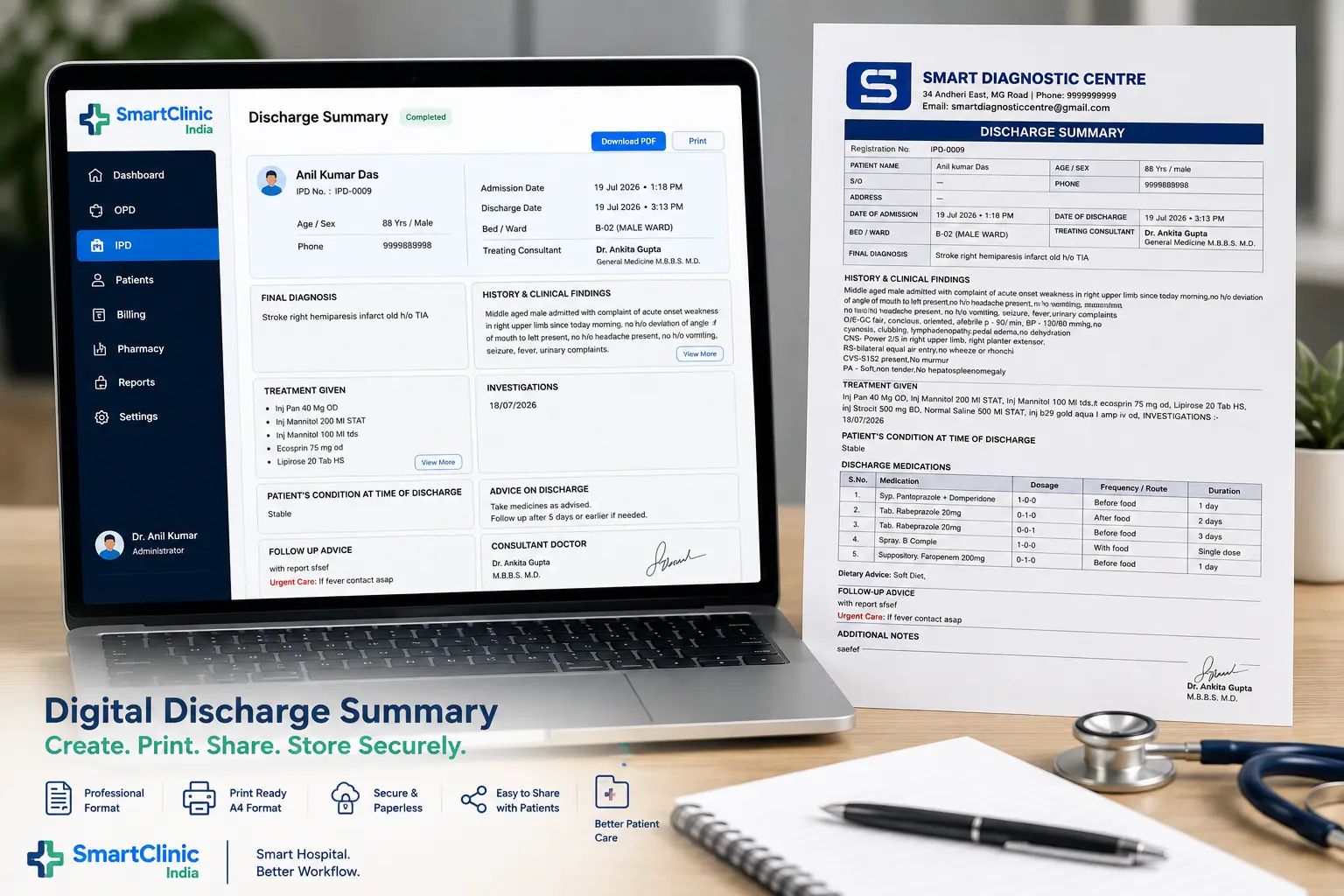 Digital discharge summary created in SmartClinic India shown on a laptop beside a printed A4 discharge summary