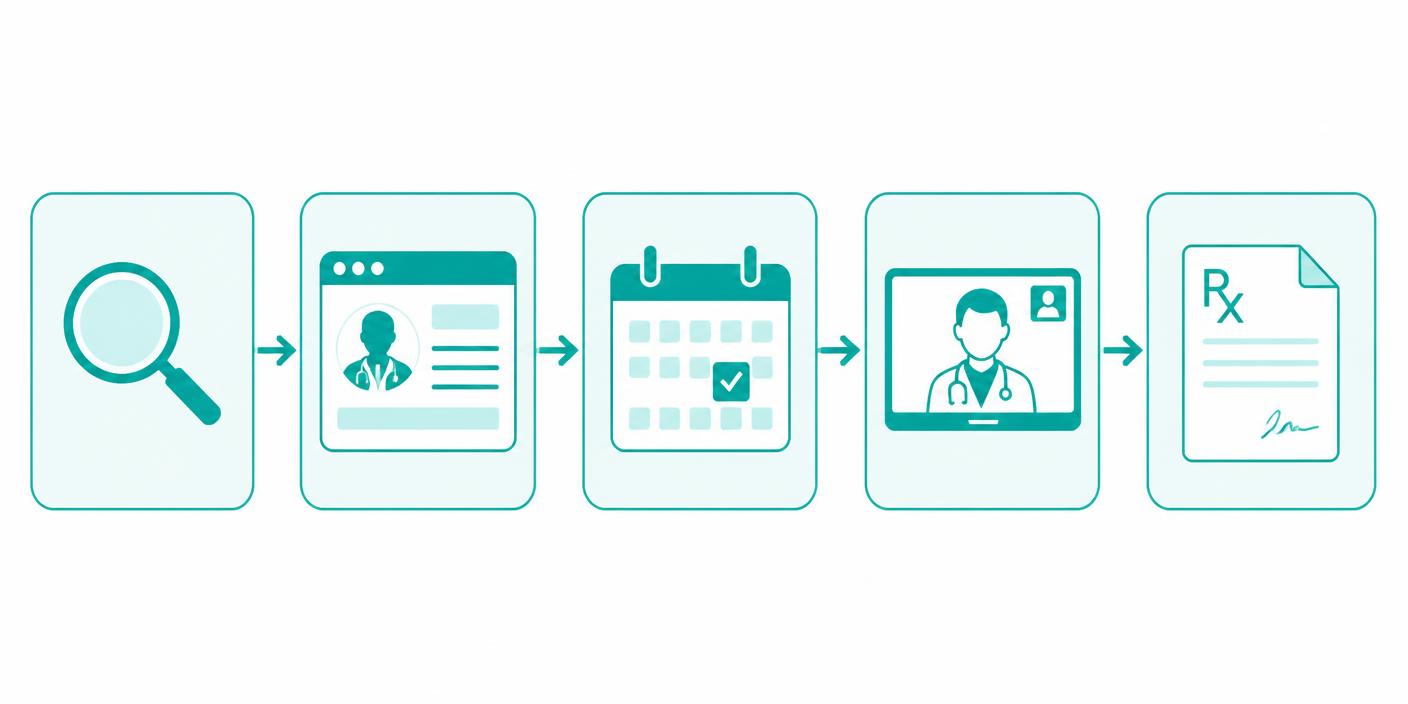 Patient journey diagram: search, doctor website, appointment booking, video consultation, digital prescription