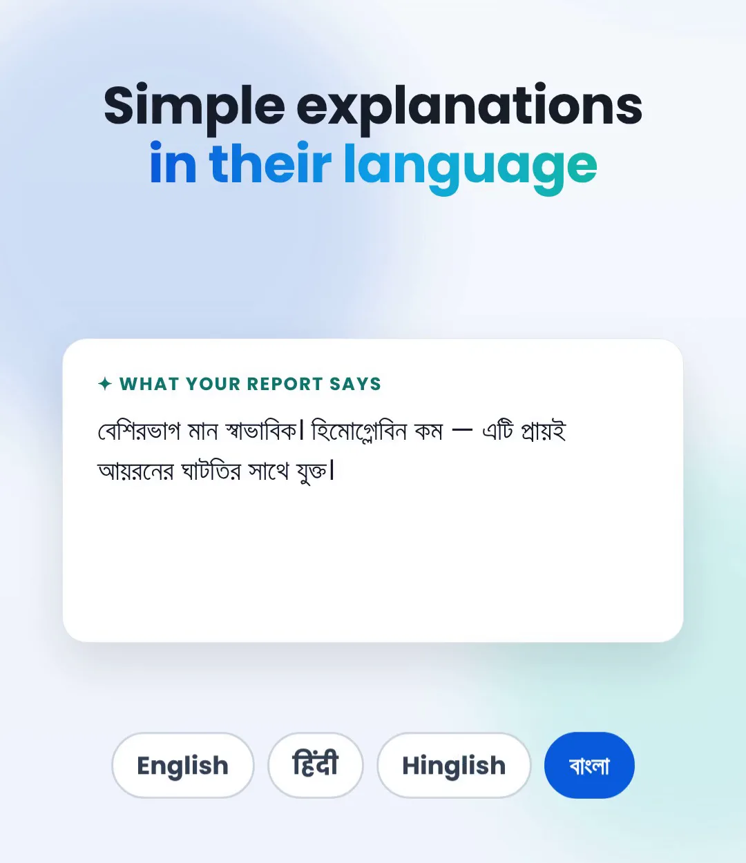AI Smart Report summary switching between English, Hindi, Hinglish and Bengali