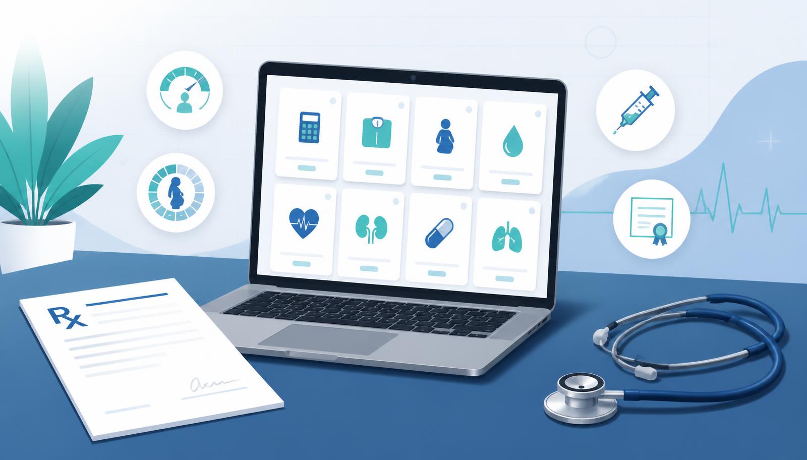 Laptop showing a grid of free medical calculator tools with a printed prescription and stethoscope on a clinic desk