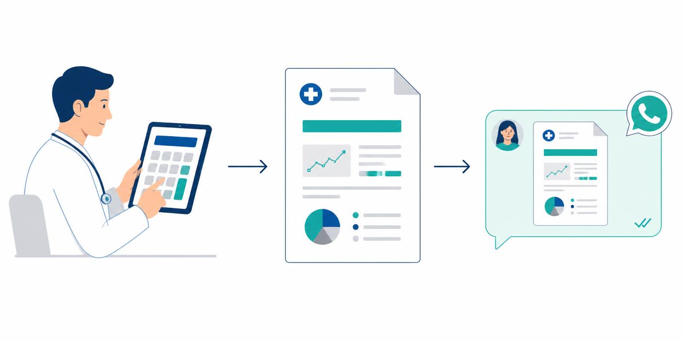 Three-step workflow: doctor uses a free online calculator, an A4 PDF is generated, the document is shared with the patient on WhatsApp