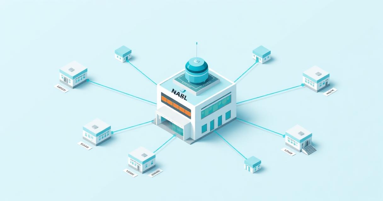 Hub-and-spoke pathology network — central NABL lab connected to multiple collection centers and referring clinics