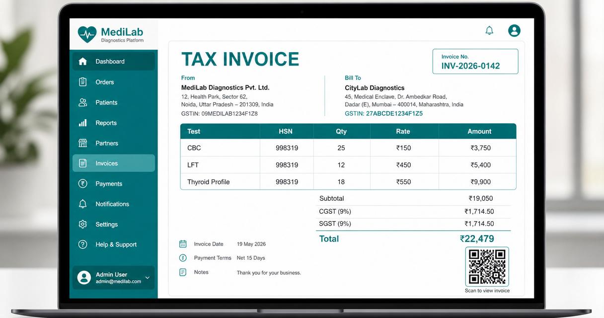 GST-compliant B2B pathology tax invoice with HSN codes, CGST, SGST and QR verification