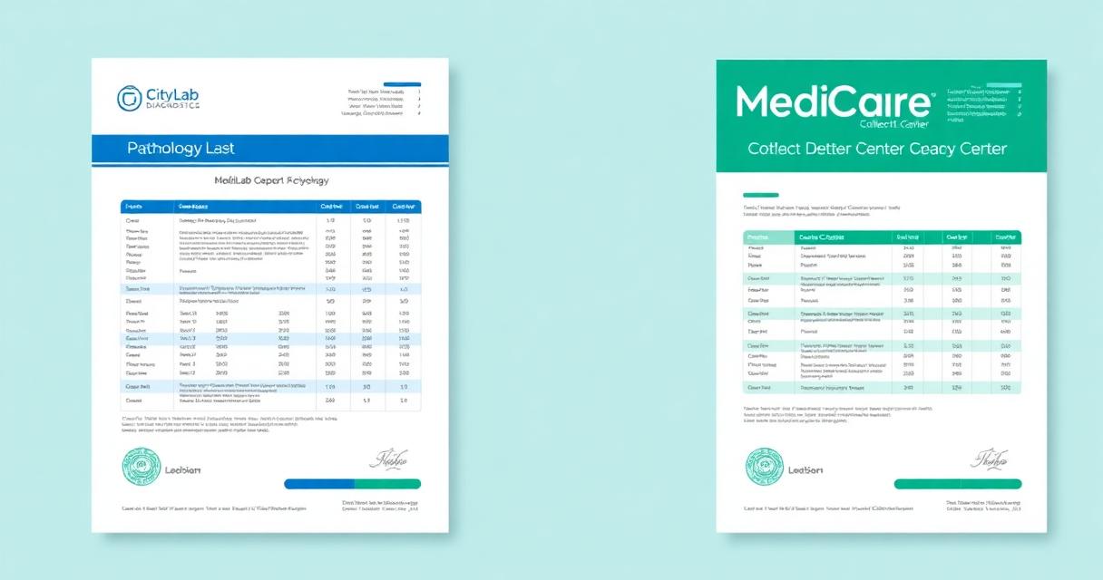 Two pathology reports printed on different collection center letterheads — same lab, different branding