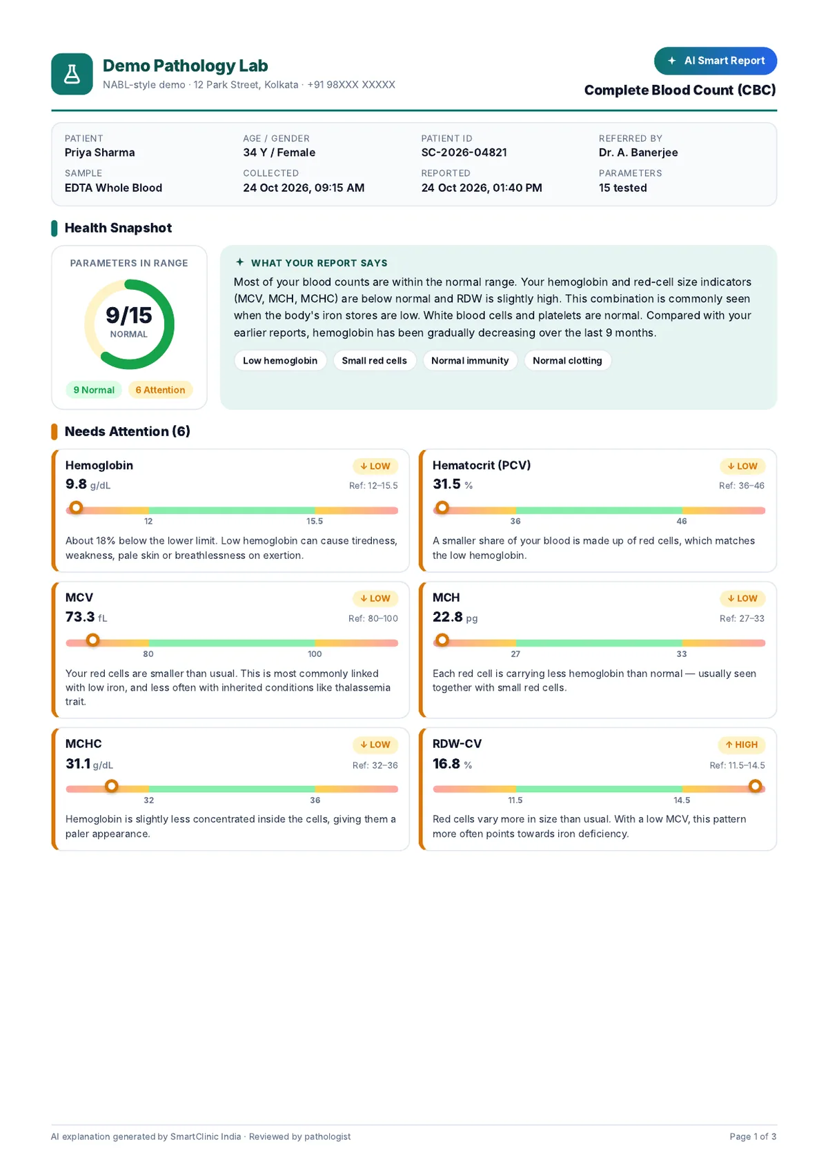 AI Smart Report summary page with health snapshot and needs-attention cards