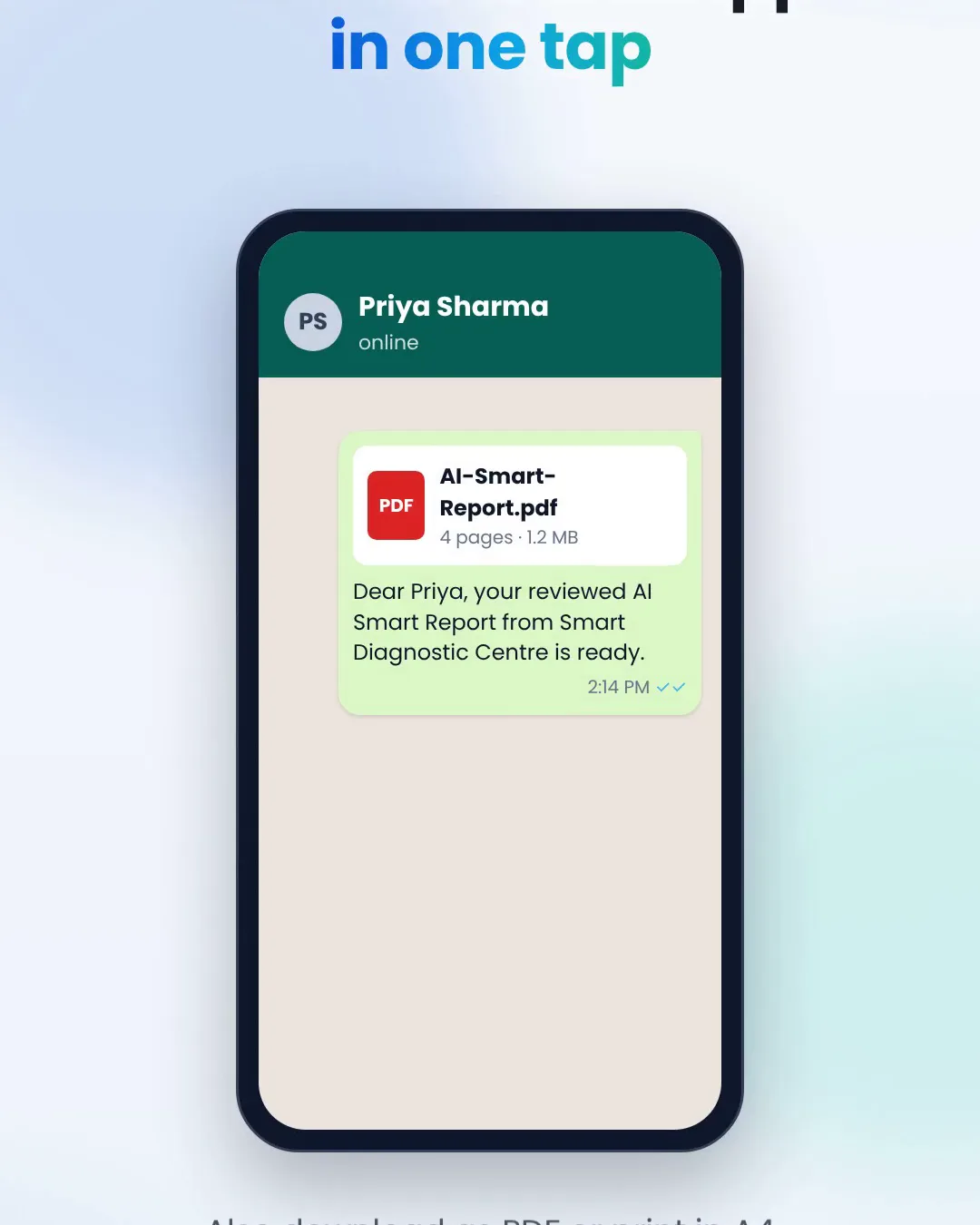 AI Smart Report PDF delivered to a patient on WhatsApp