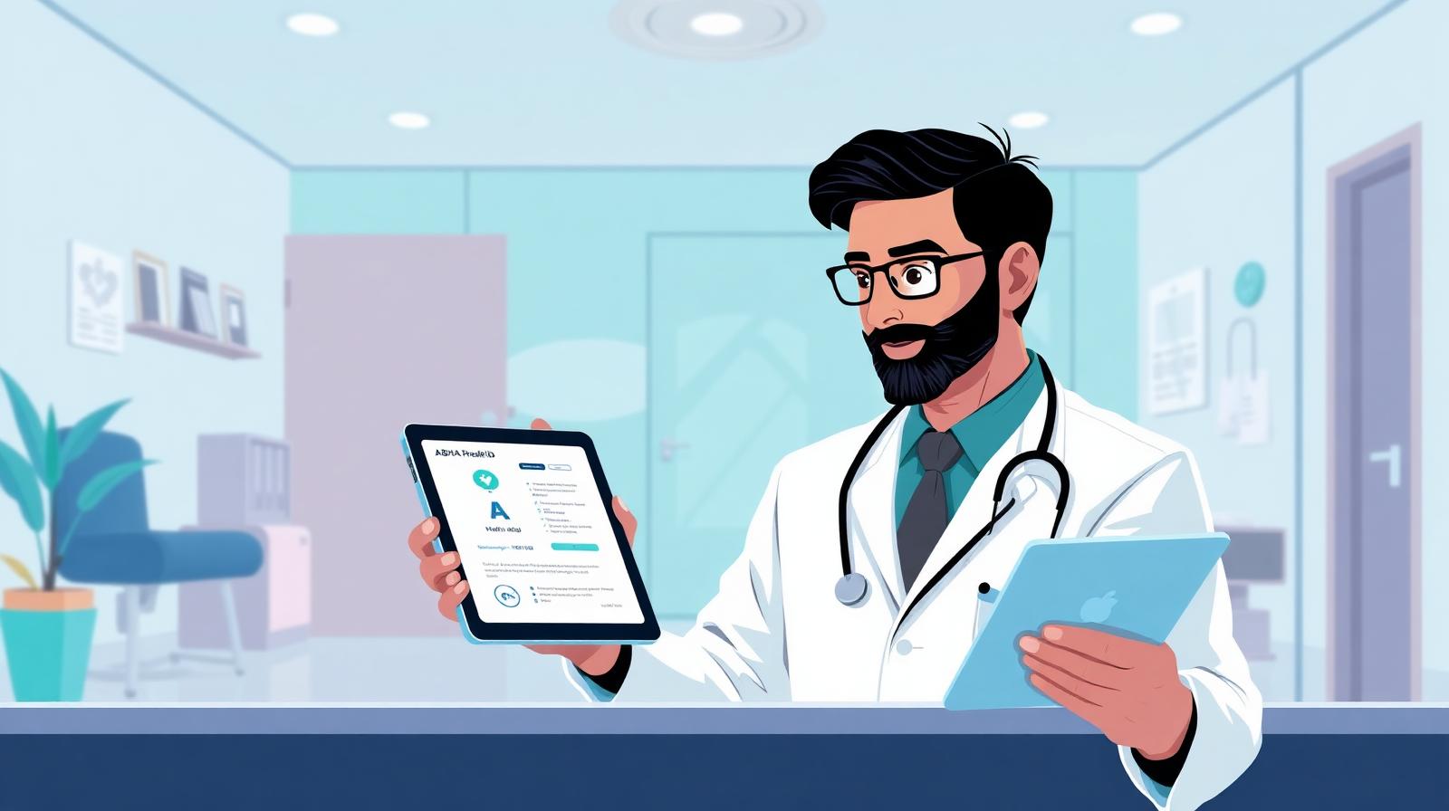 Doctor using ABDM digital health records on tablet at an Indian clinic