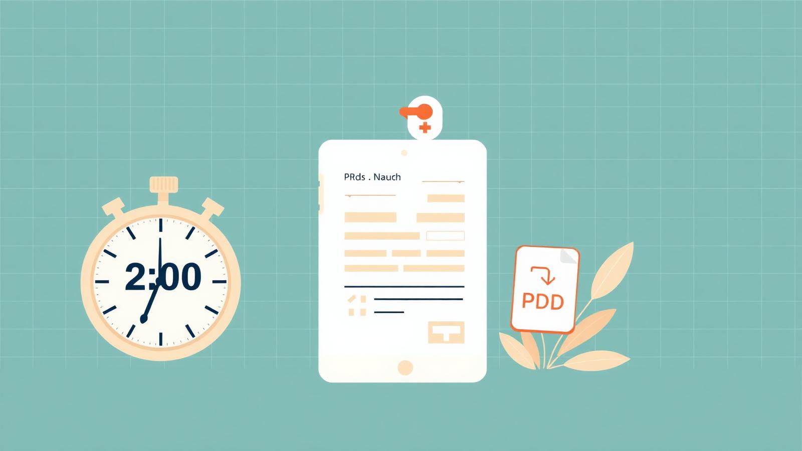 Stopwatch showing 2 minutes next to a tablet with a digital prescription and PDF download icon