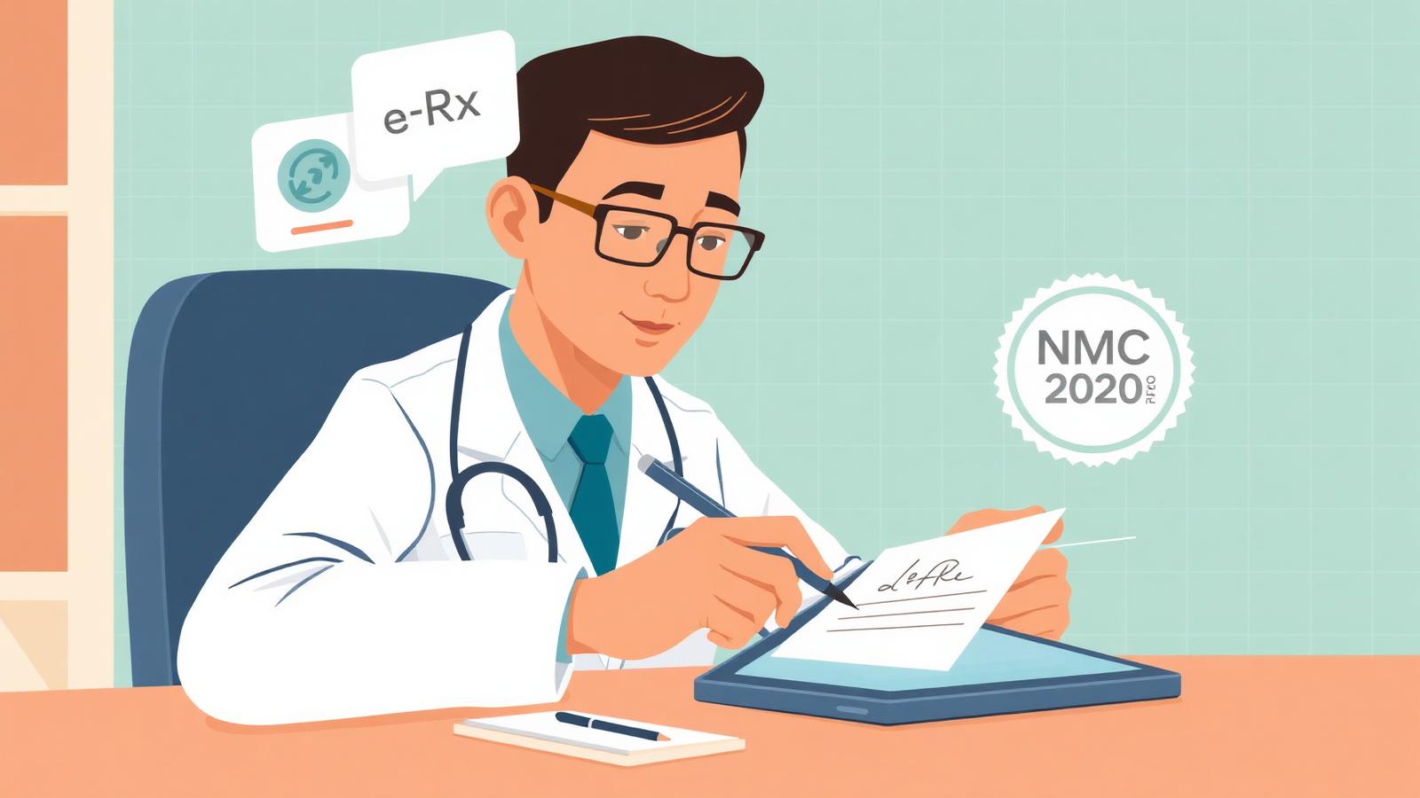 Doctor issuing a legally valid digital prescription in India on a tablet with NMC and Telemedicine 2020 compliance badges